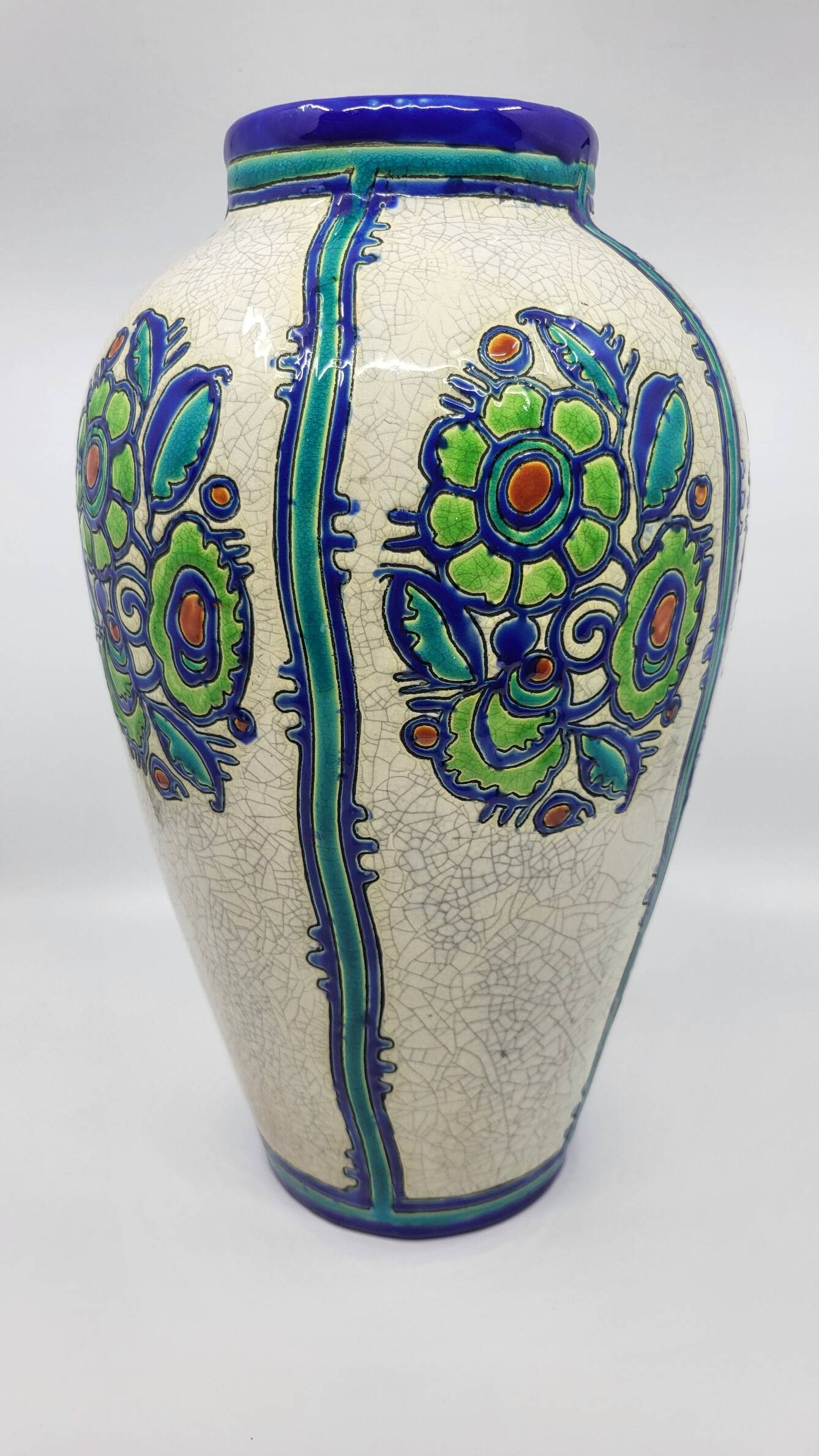 Charles Catteau vase, Kéramis Boch in tall ceramic Belgium Art Deco 1925