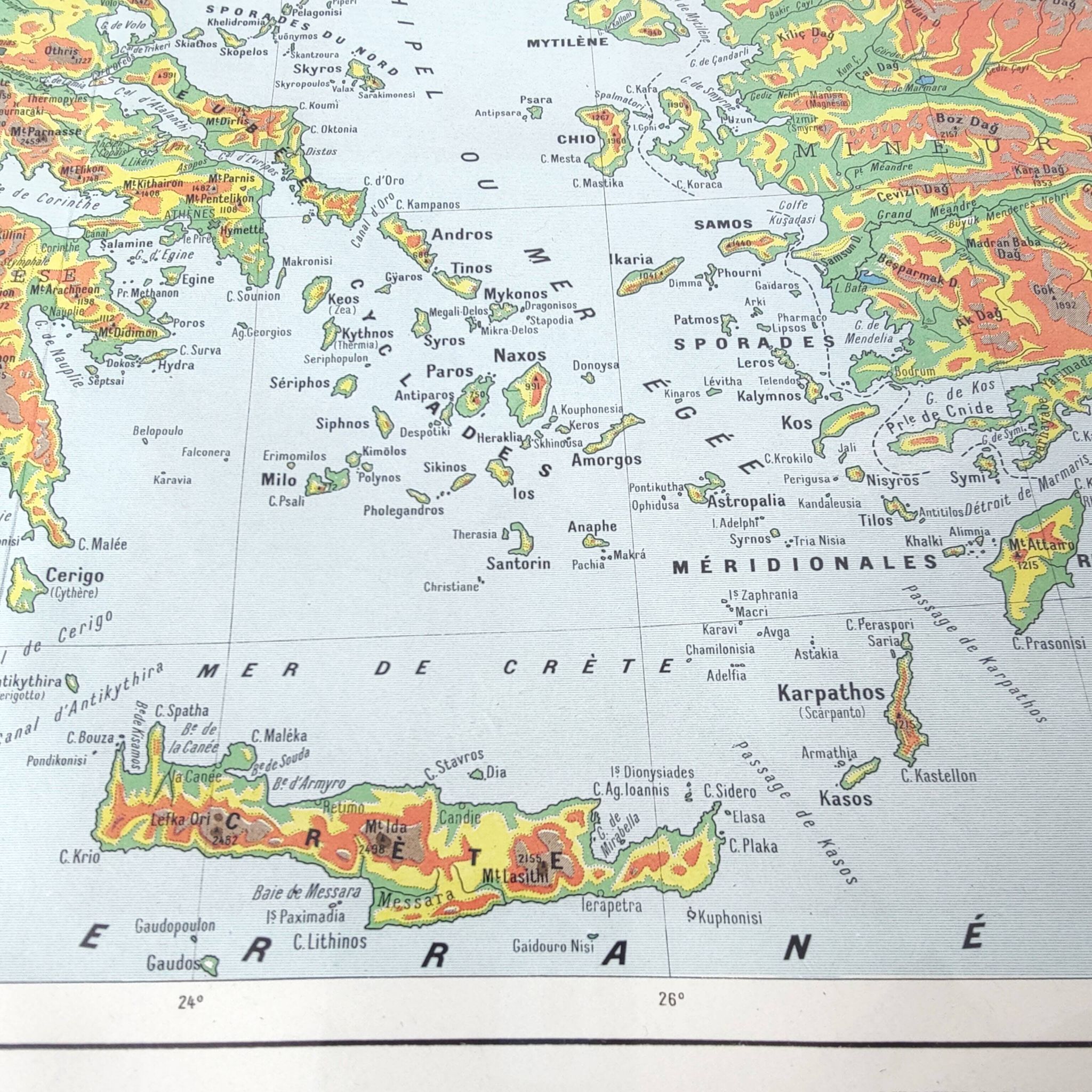 Old map of the Balkan regions Greece Crete 43x43cm from 1950
