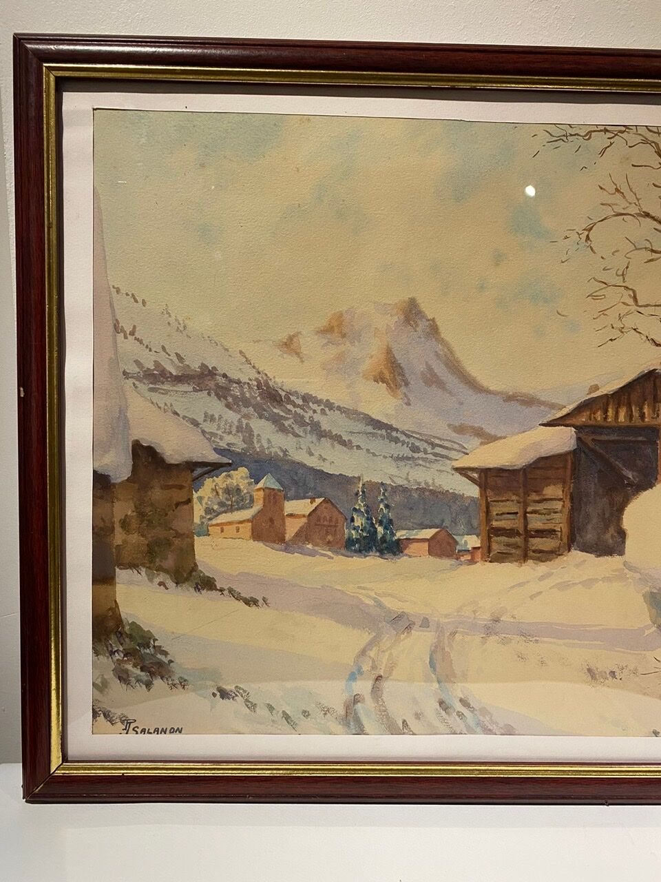 Old painting, snow landscape signed Salanon, mid-20th century