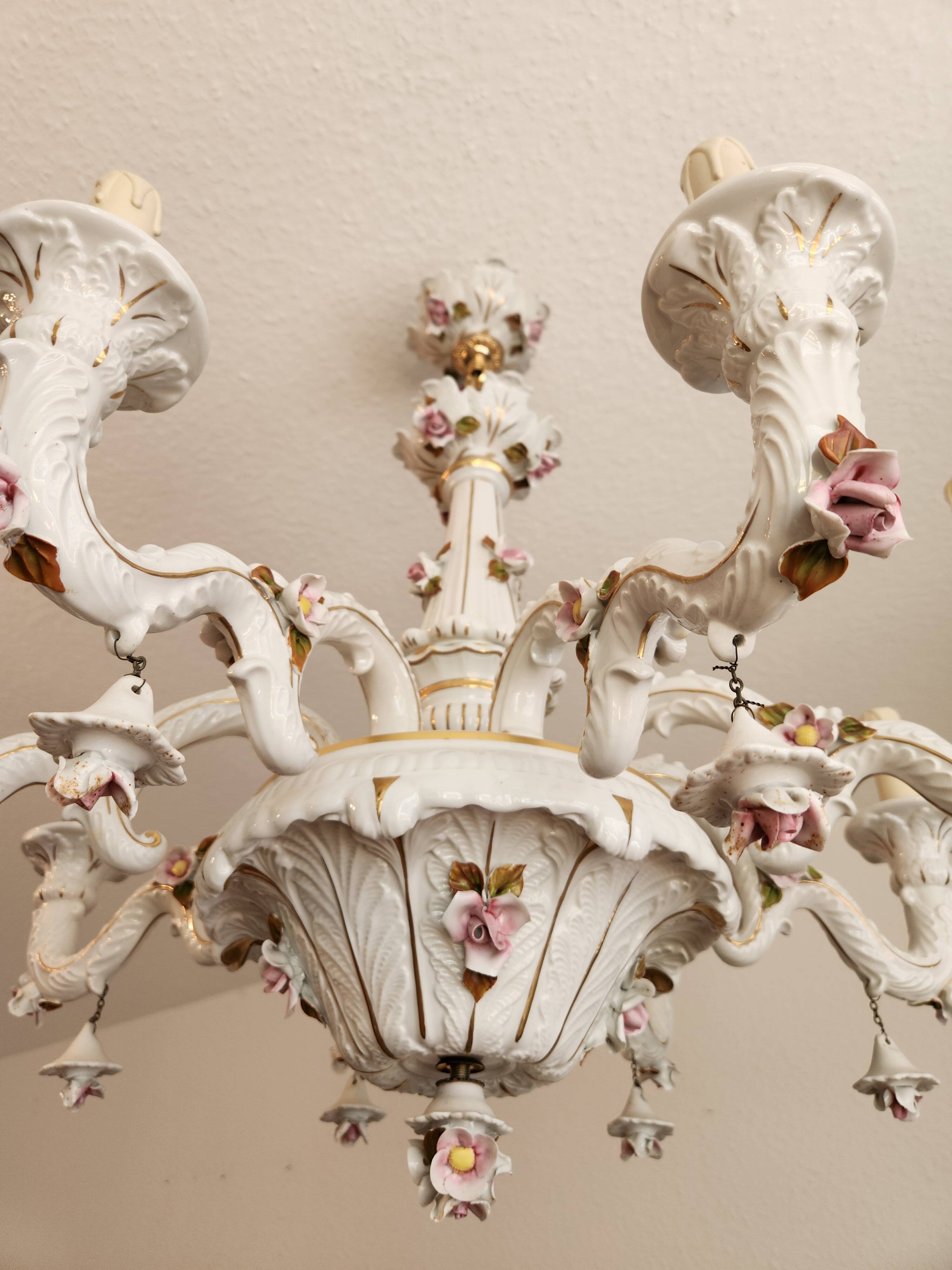 Large hand-painted gilded chandelier mangani ceramiche porcelain