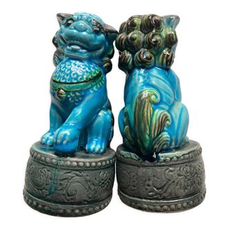 Pair of Chinese Blue Ceramic Foo Dogs