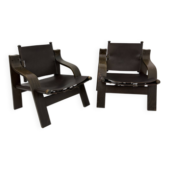 Set of 2 brutalist leather  lounge chairs, 1970’st