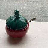 Salt pots and mustard pot, in enameled ceramic, slip, in the shape of a tomato, vintage