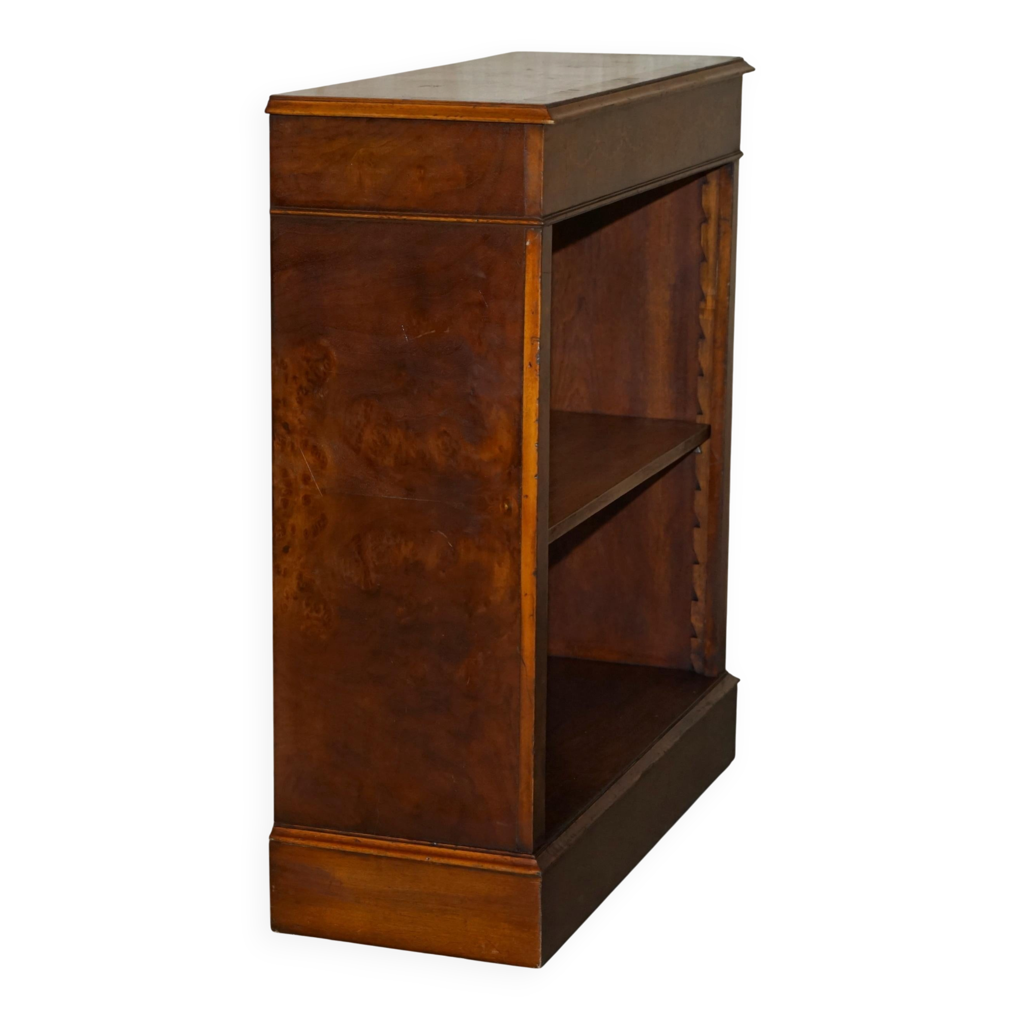 Brights of Nettlebed style Sheraton dwarf library in burr elm, walnut, and mahogany.