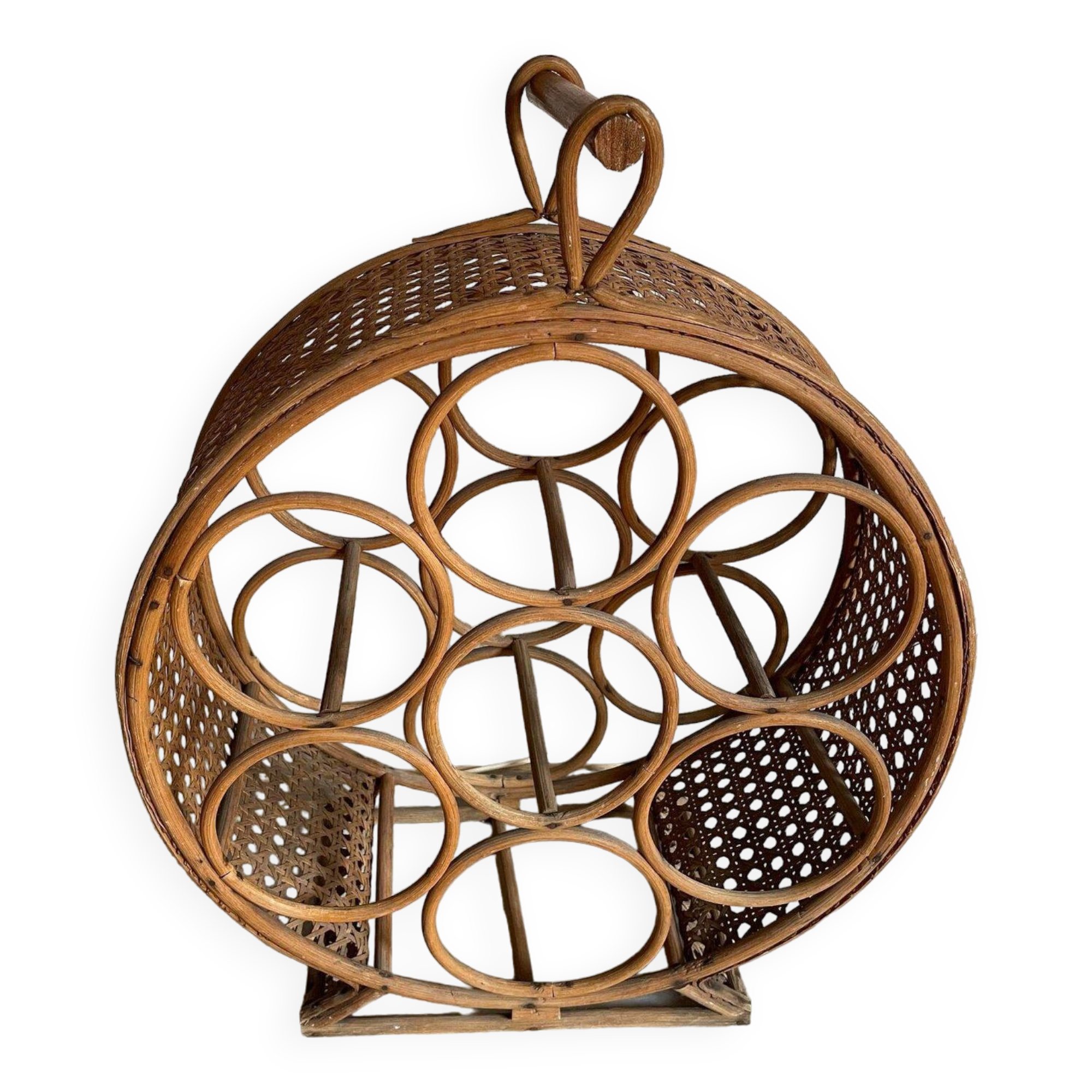 Rattan bottle holder, wood, vintage canework