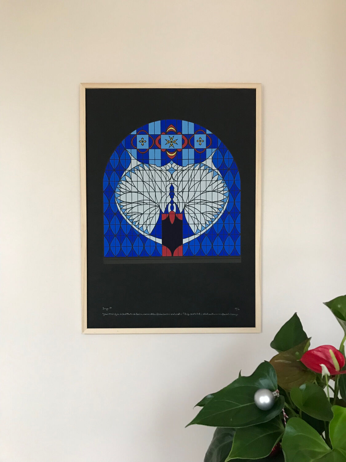 Original lithograph by franco borga. stained glass window, st-martin-des-rosiers
