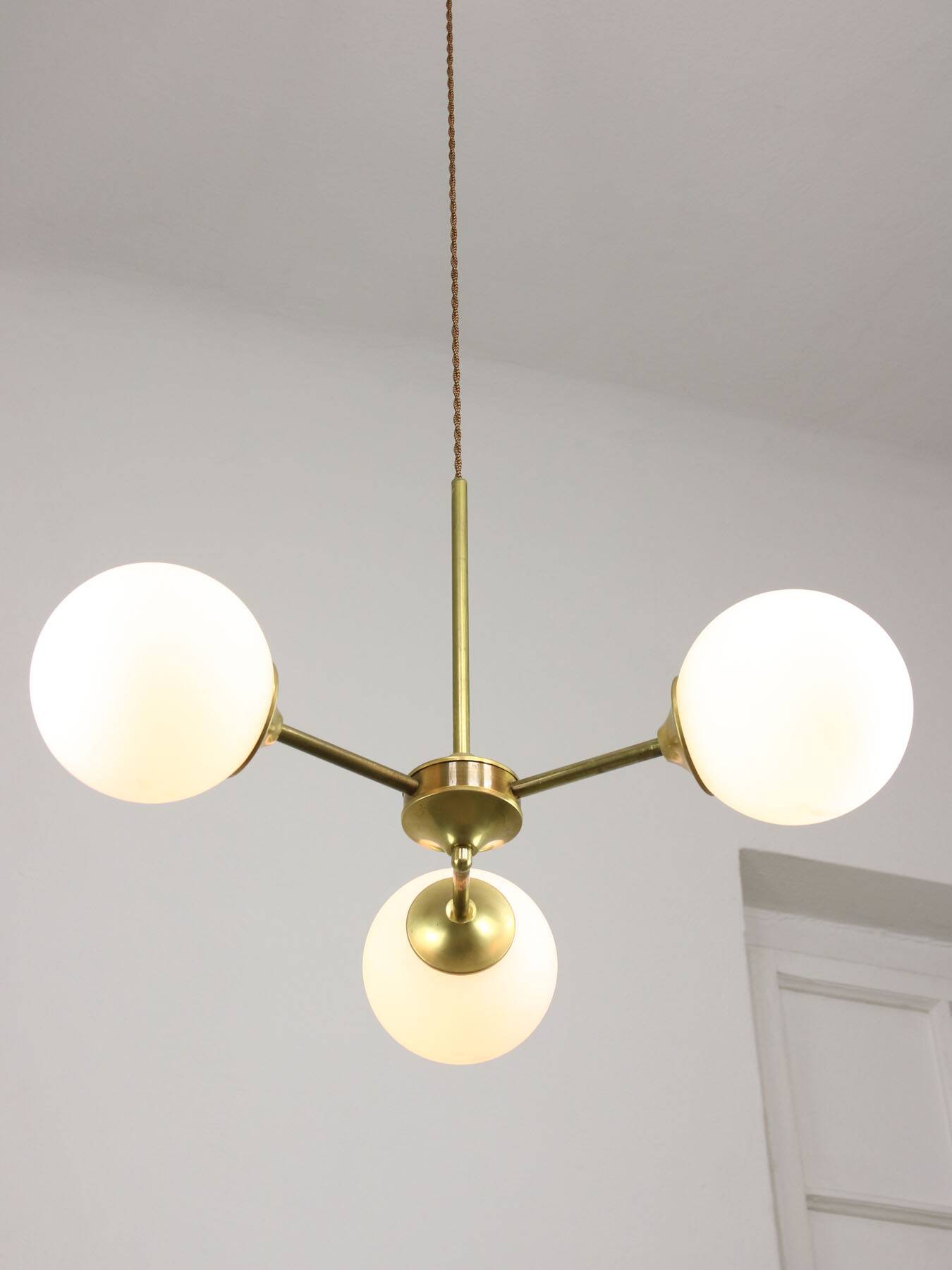 Italian Mid century Modern Chandelier in Brass and Opaline Glass, 1960s