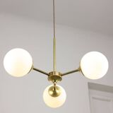 Italian Mid century Modern Chandelier in Brass and Opaline Glass, 1960s
