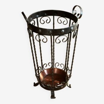 Handmade heavy wrought iron umbrella stand with copper insert, vintage from the 1950s