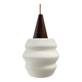 Teak and opaline pendant light from the 60s by Louis Kalff for Philips