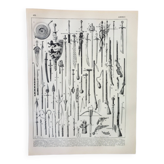 Old engraving 1898, Ancient weapons, sword, pistol, knife • Original and vintage lithograph