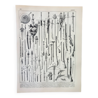 Gravure ancienne 1898, Armes anciennes, épée, pistolet, couteau • Lithographie originale et vintage