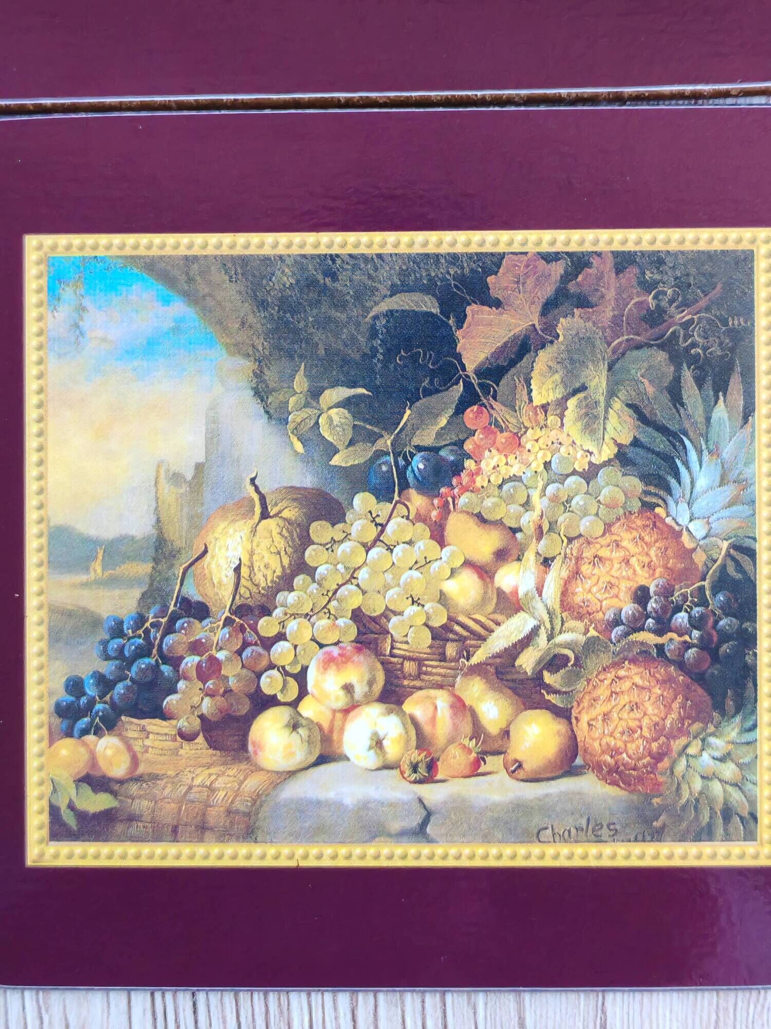 Set of 6 vintage Jason "Still Life Fruit" coasters, cork and durable.