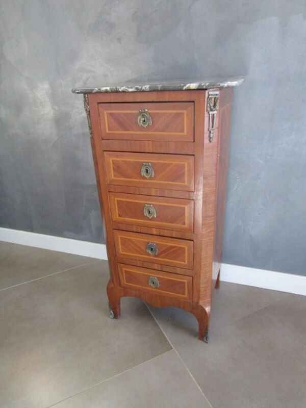 Meuble semainier ancien en bois marqueté et ornements bronze