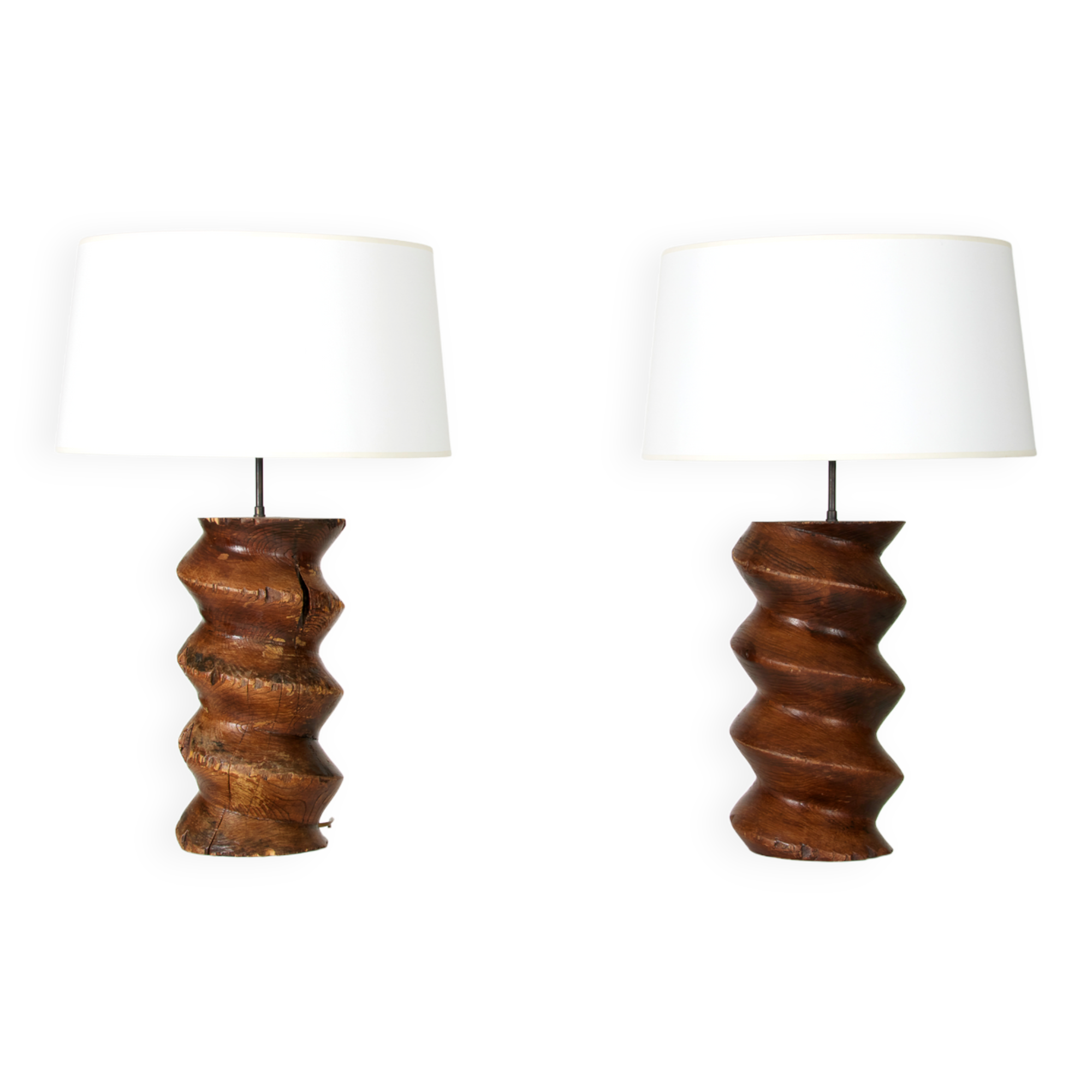 Pair of Brutalist Solid Wood Lamps