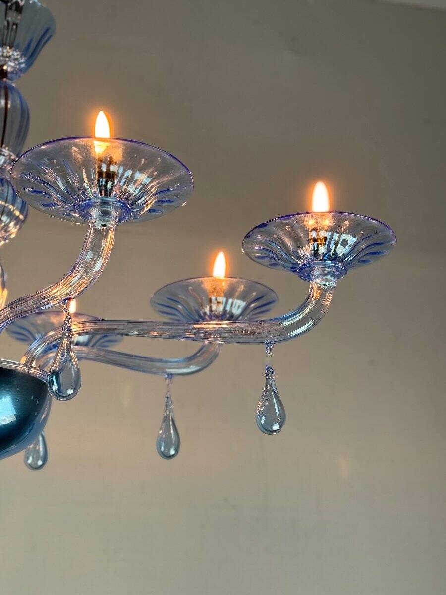 Blue murano glass venetian chandelier, 8 light arms