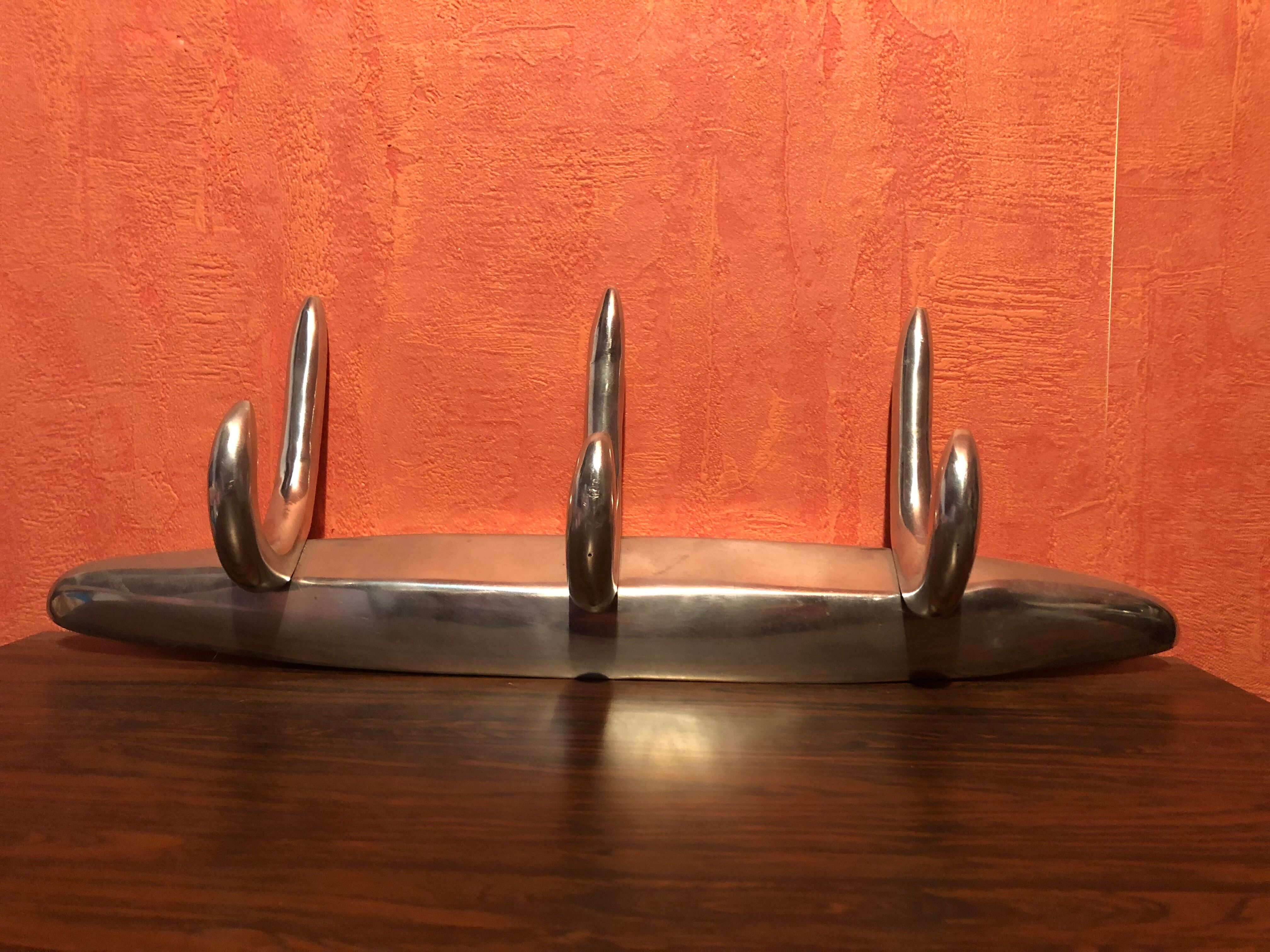 Old wall coat rack 3 patères doubles metal chrome design vintage
