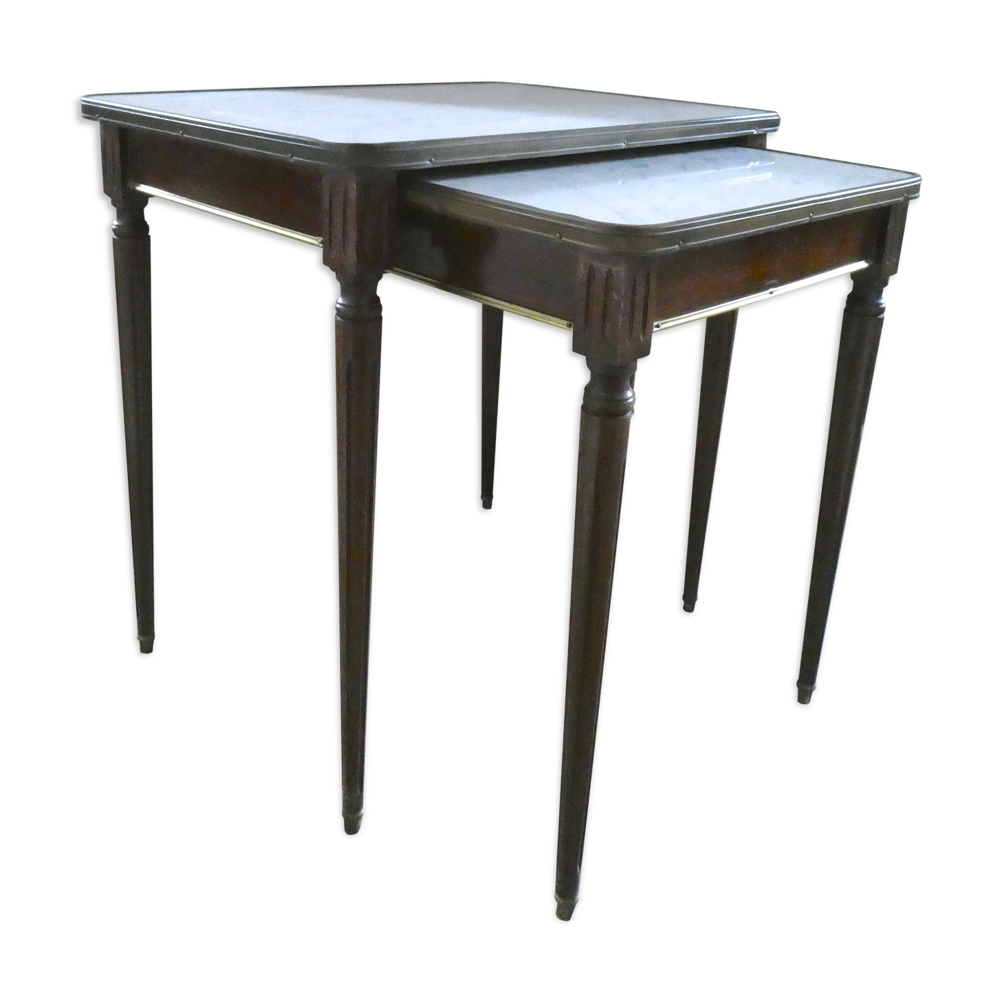 Nesting tables in dark wood and white marble