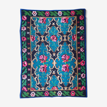 Bohemian blue handwoven carpet with roses made in Romania