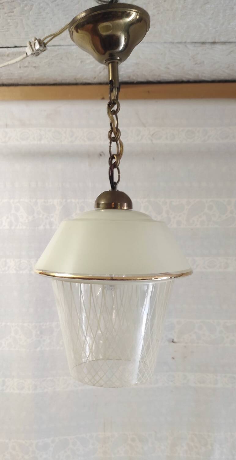 Vintage pendant light in glass and gold metal - 1960s