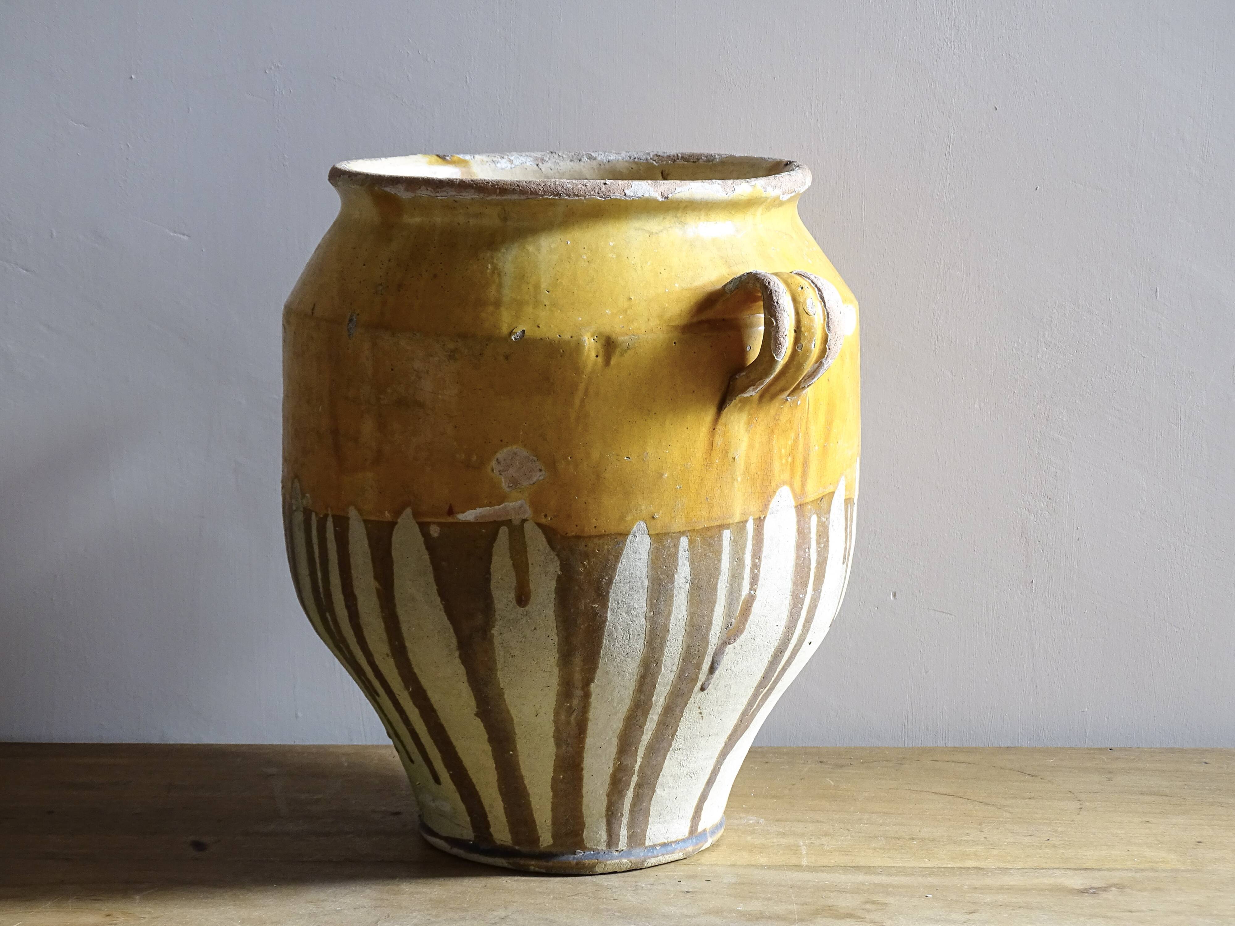 Large Antique French Confit Pot with Yellow Glaze