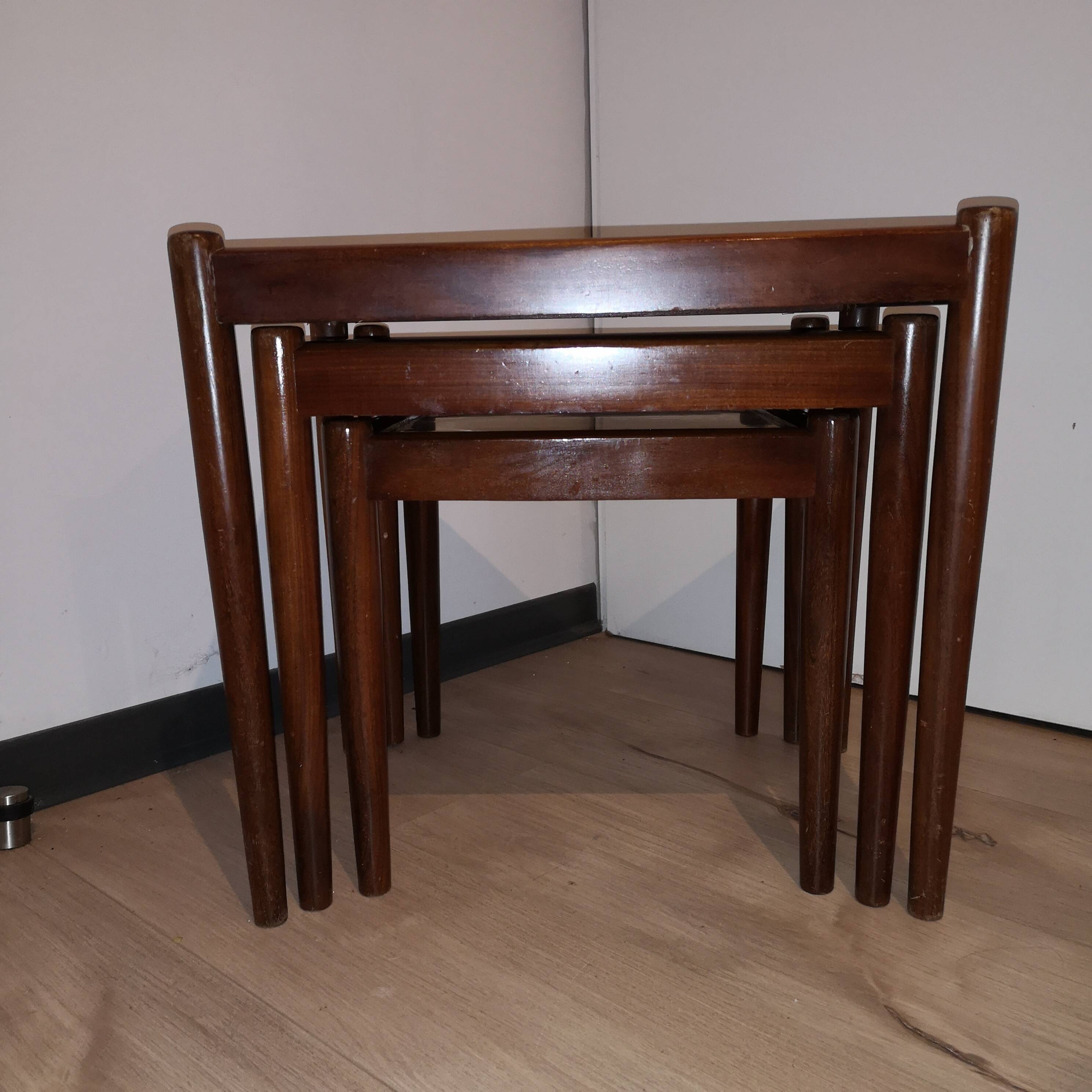 3 vintage Scandinavian white laminated teak nesting tables 1960 1970