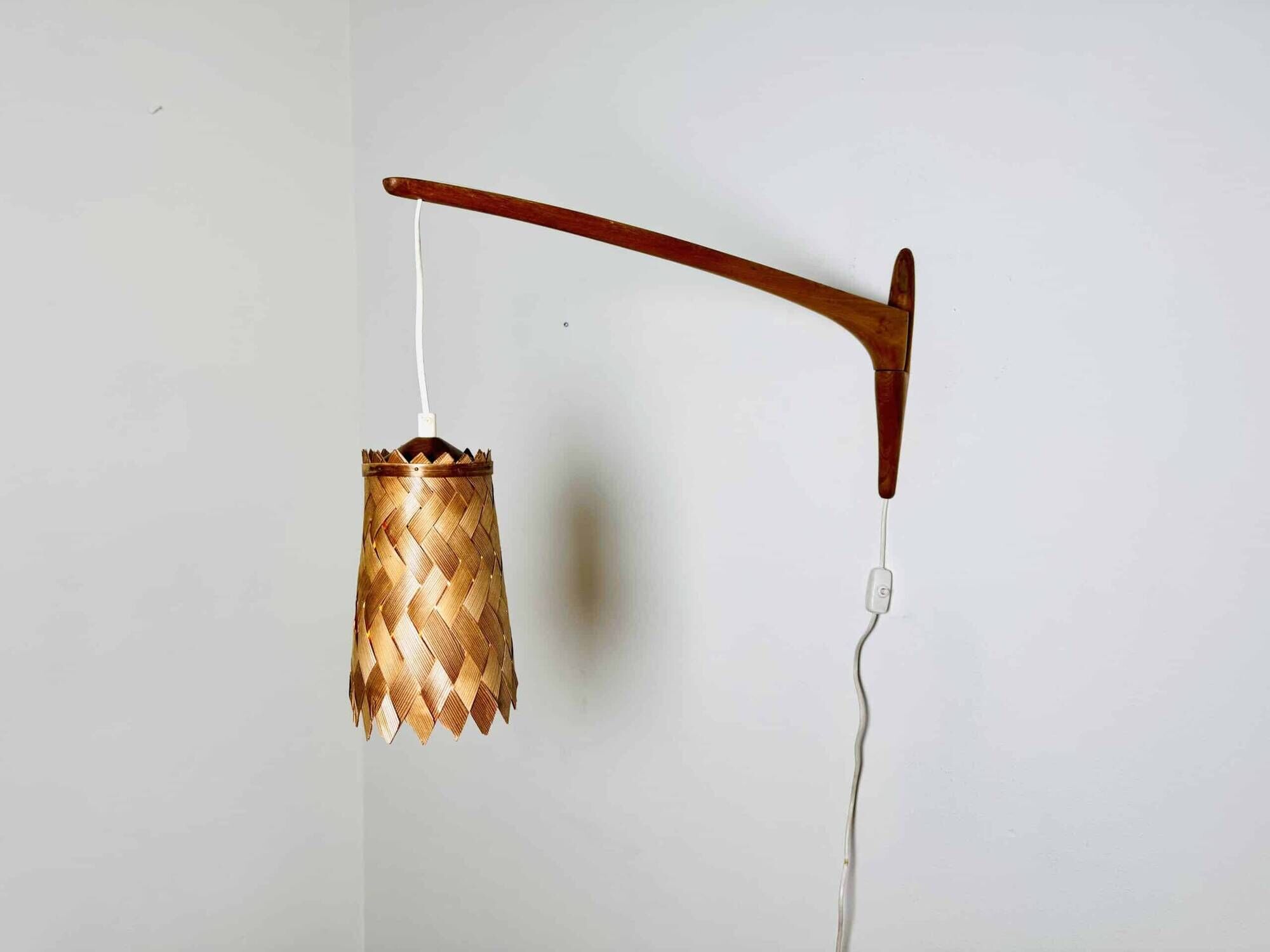 Swivel Arm Teak Wall Lamp With Pine Veneer Shade By Unknown Designer, Sweden 1960S