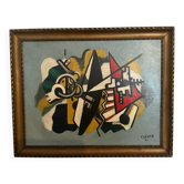 Peinture géométrique abstraite – Signature – Huile sur panneau avec cadre vintage