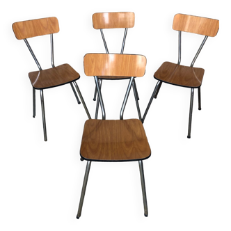 Series of 4 Formica Chairs Wood Legs Metal Chrome Vintage #A243