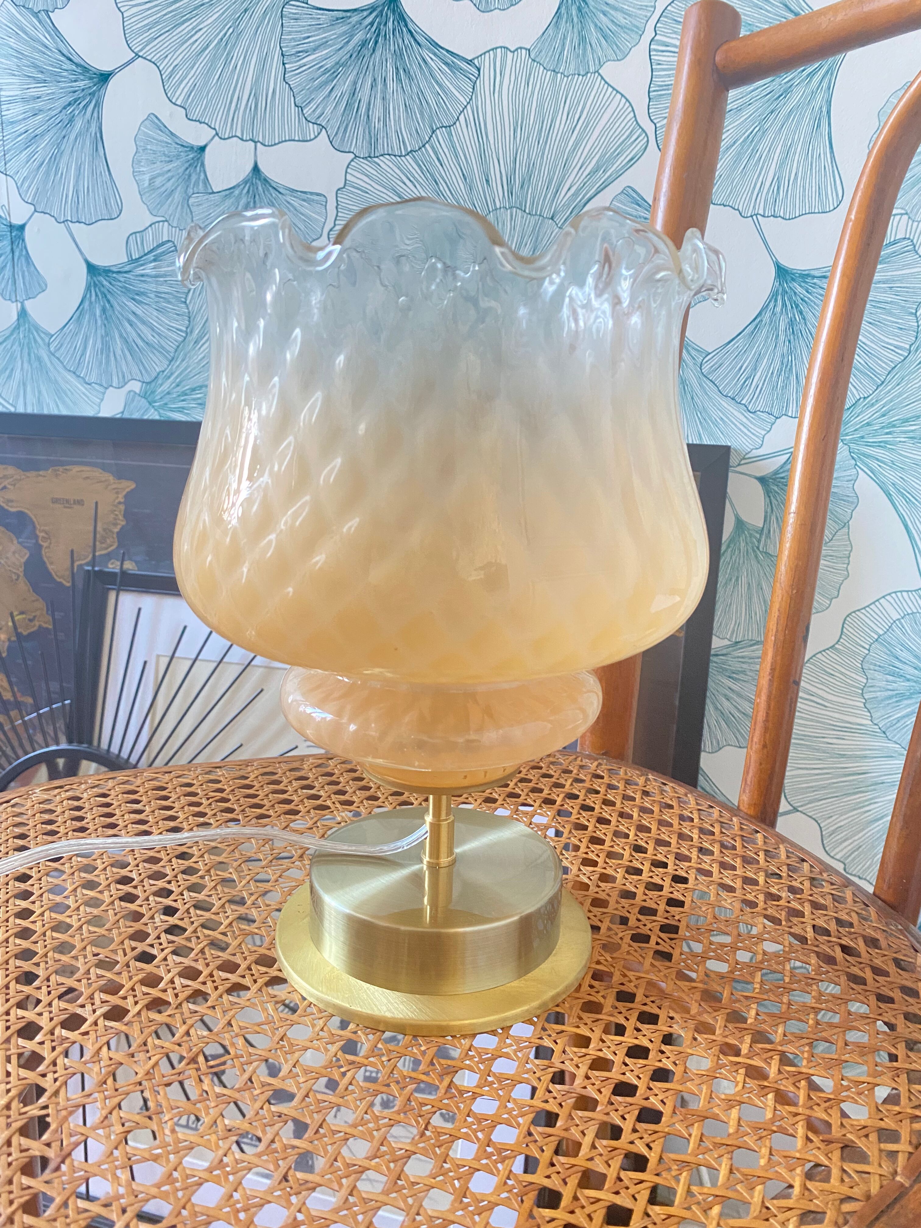 Brass table lamp and quilted glass