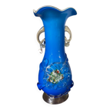 Clichy glass vase with floral decoration in intense blue tones and small years