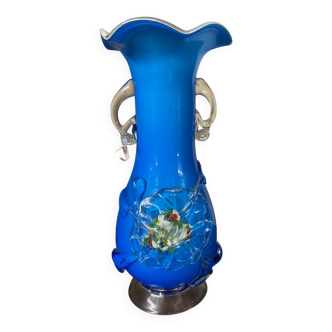 Clichy glass vase with floral decoration in intense blue tones and small years