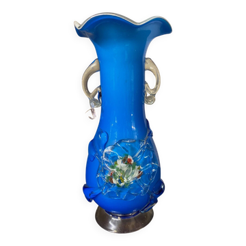 Clichy glass vase with floral decoration in intense blue tones and small years