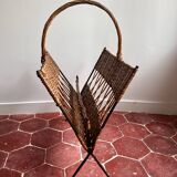 Large vintage 1960s magazine rack in rattan and black steel
