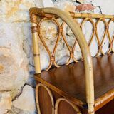 Vintage rattan and bamboo wall shelf with glass door cabinet, 1960s