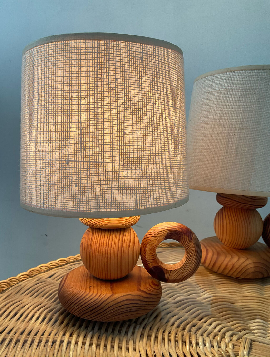 Pair of Scandinavian wooden lamps 60s-70s