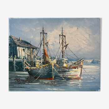 Tableau HST "Marine bateaux à quai" signé Reynolds