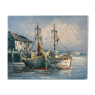 Tableau HST "Marine bateaux à quai" signé Reynolds