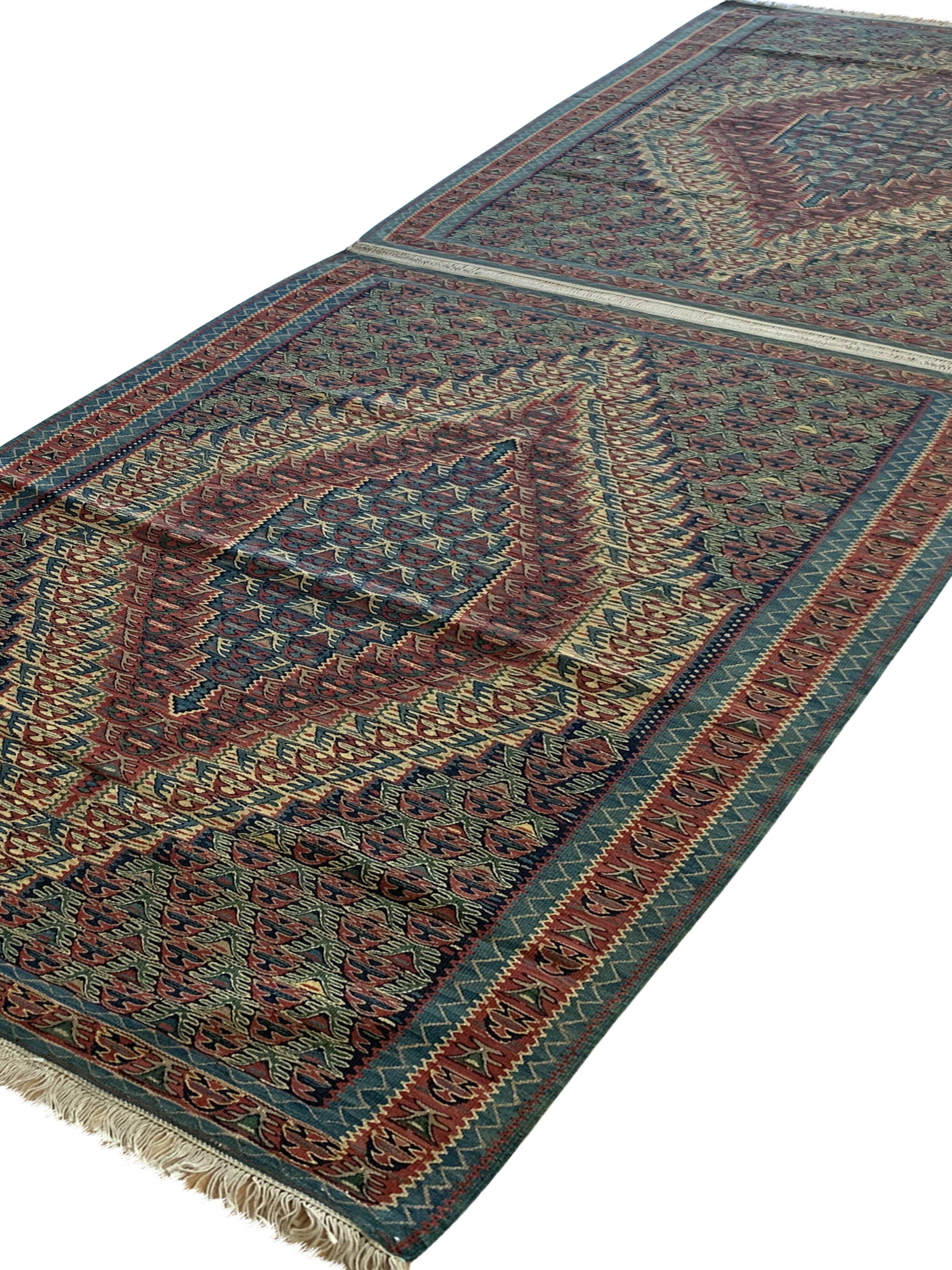Pair of blue & green silk and wool kilims handmade persian rugs