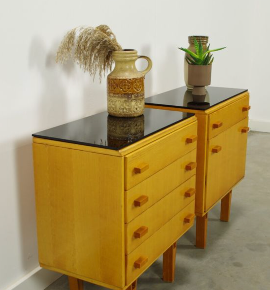 Set of vintage wooden design bedside tables