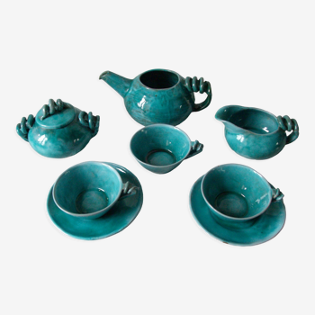 Old turquoise blue ceramic coffee tea set signed VENCE from 1950/60
