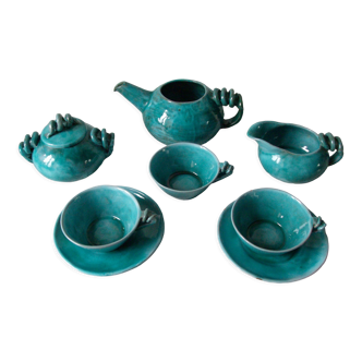 Service à thé à café en céramique bleu turquoise signée VENCE de 1950/60