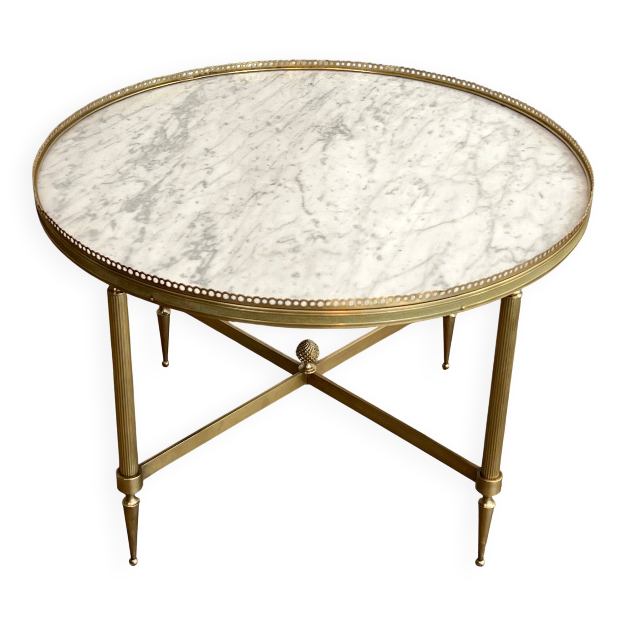 Neoclassical style round coffee table in brass with a white Carrara marble top from Jansen