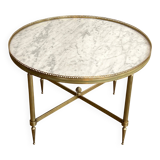 Neoclassical style round coffee table in brass with a white Carrara marble top from Jansen