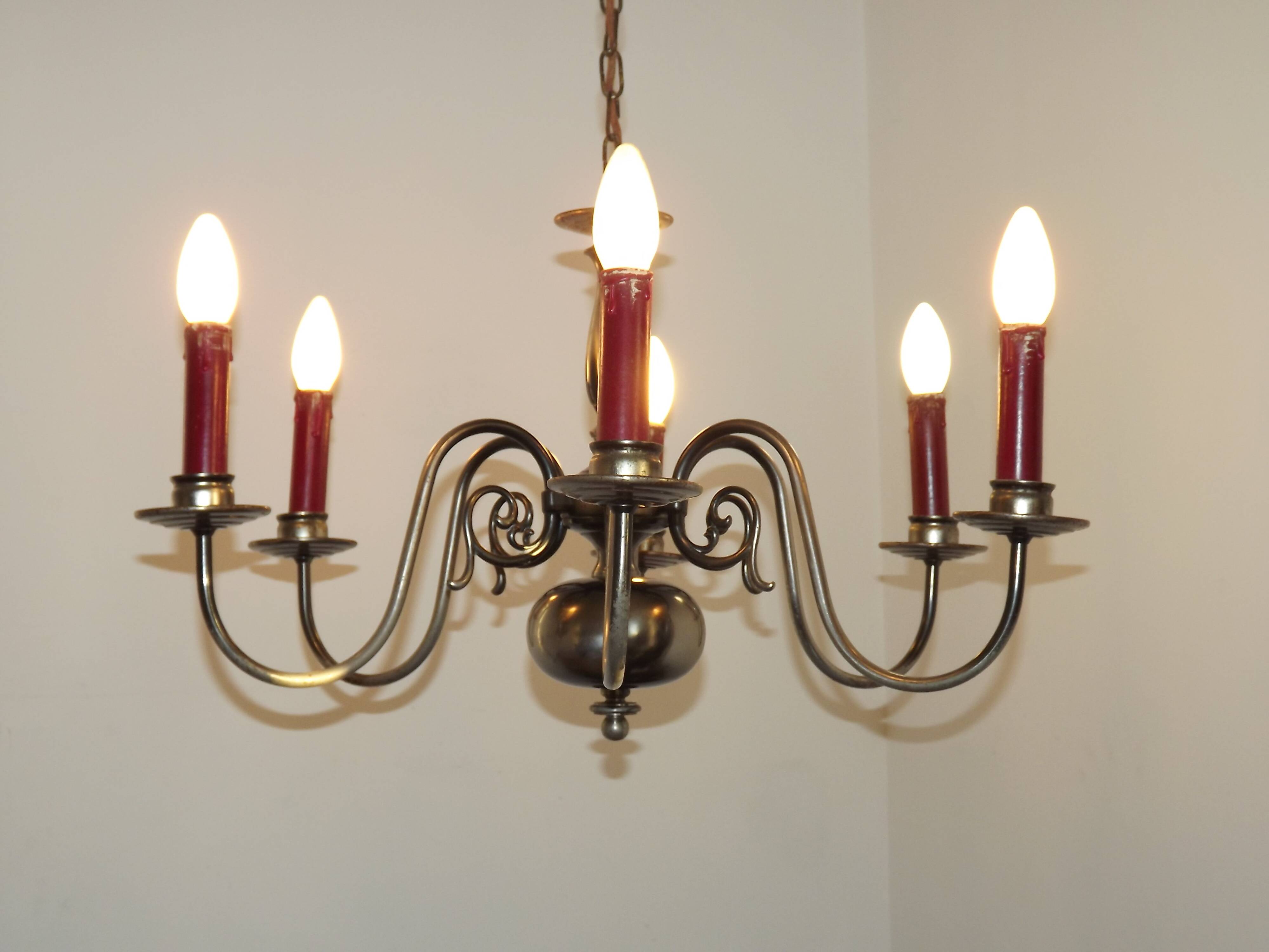 French Vintage Two-Tone Silver Metal 6-Light Flemish Chandelier with Red Drips