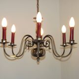 French Vintage Two-Tone Silver Metal 6-Light Flemish Chandelier with Red Drips