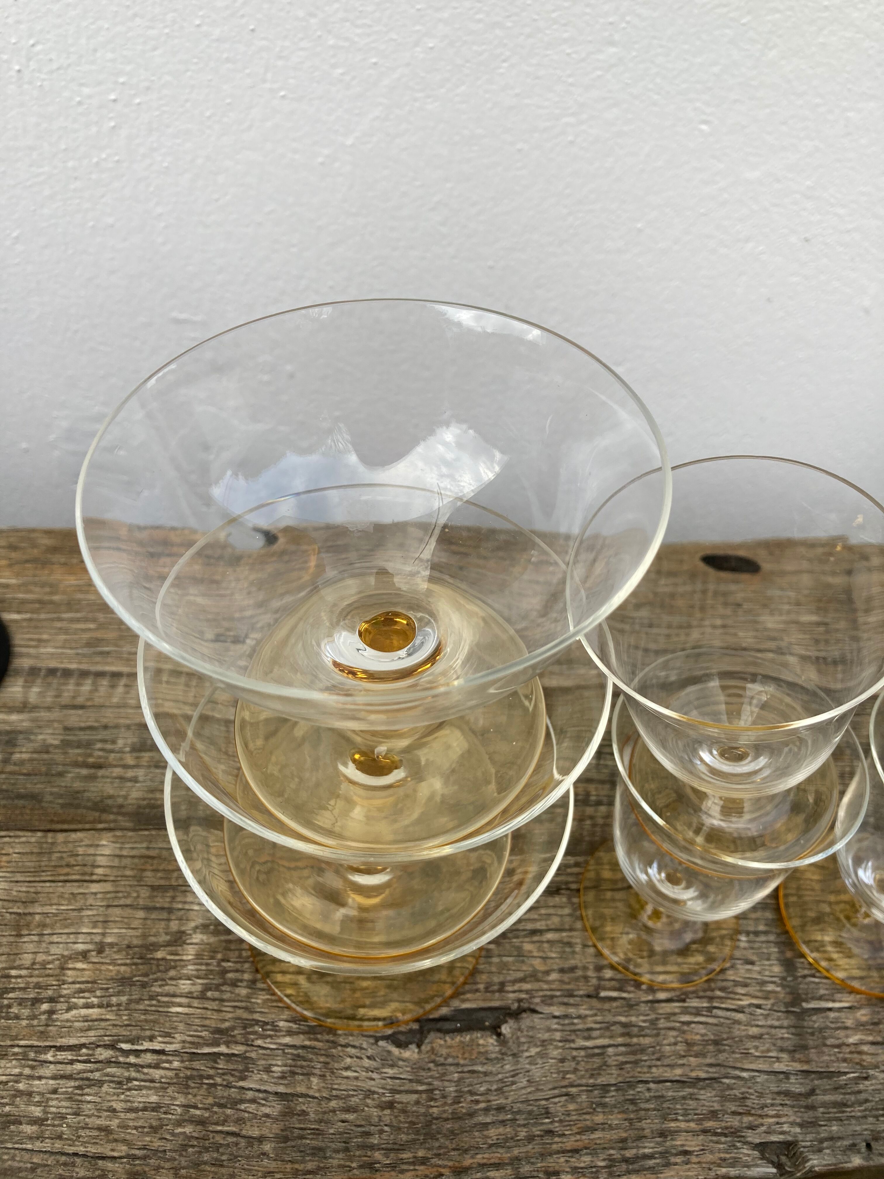 6 antique yellow crystal stemmed glasses and cups