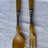Old salad service in horn and silver metal