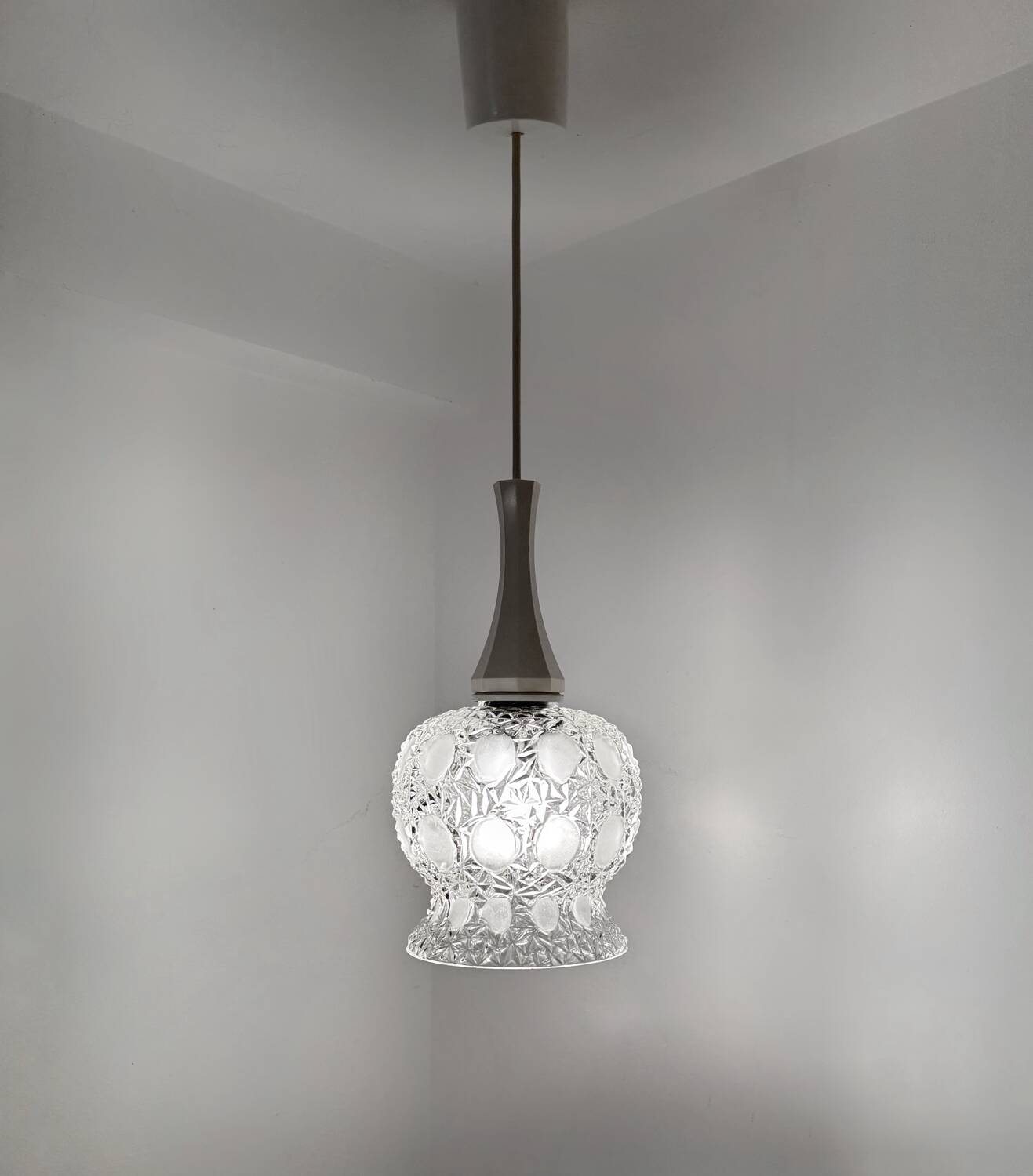 Pressed molded glass pendant light from the 60s