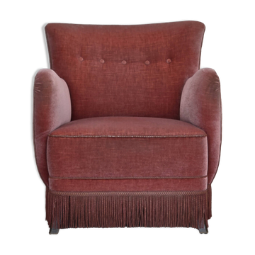 Fauteuil danois en velours rose, pieds en bois de chêne, années 1970